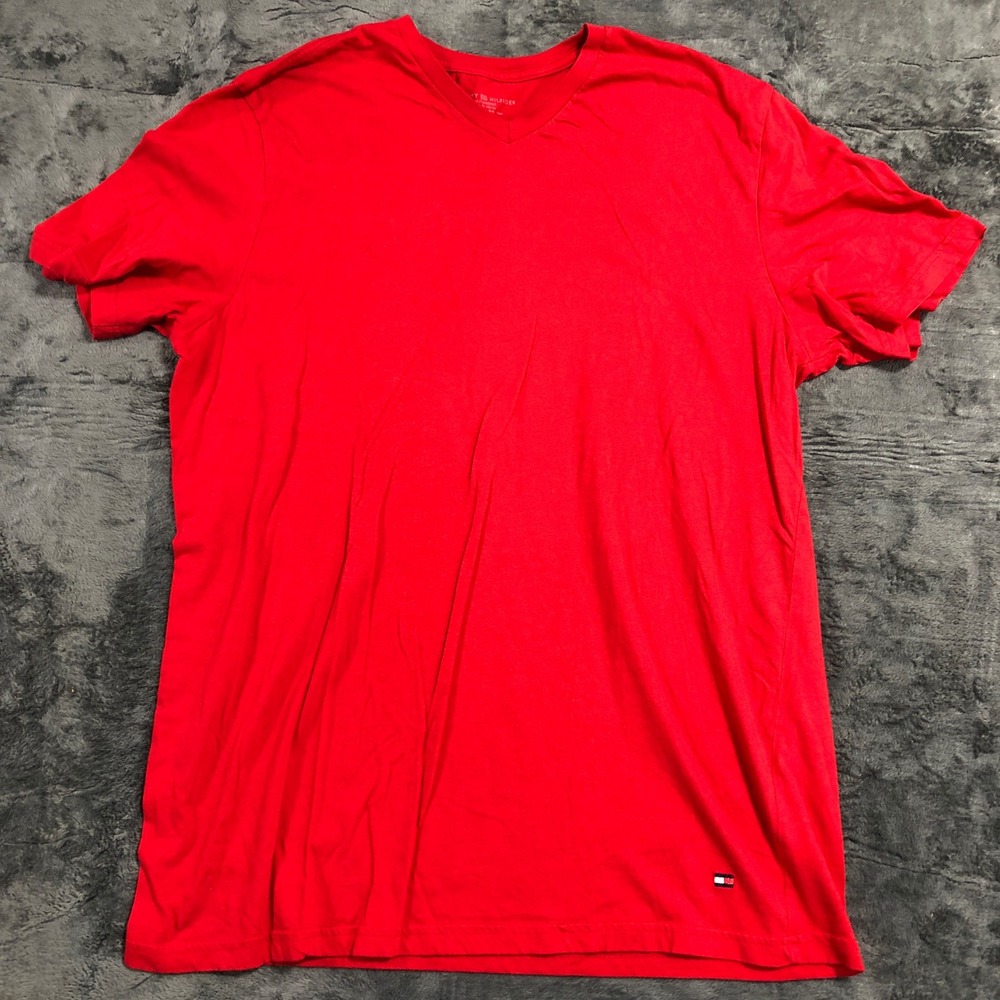 Tommy Hilfiger V-Neck T-Shirt Mens XL Red Short Sleeve Cotton Logo Tee